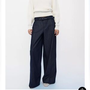 Zara Jeans Wide Leg Pants Belt Z1975 Denim Chambray Blue Women 6/28 New 2382/613